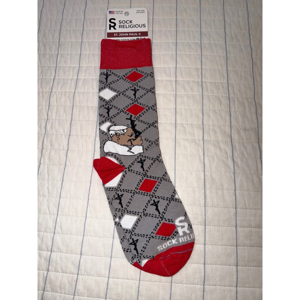 Sock Religious St John Paul II Grey Red Argyle Catholic Crew‎ Socks One Size USA